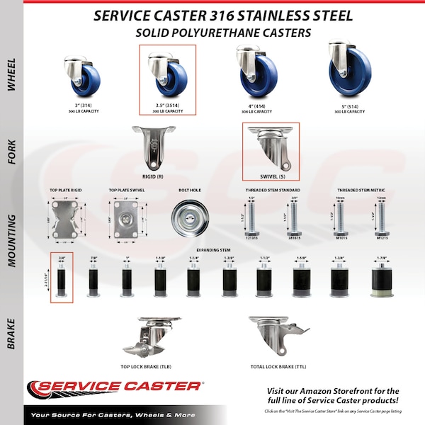 Service Caster 3.5 Inch 316SS Solid Polyurethane Swivel 3/4 Inch Expanding Stem Caster Set SCC-SS316EX20S3514-SPUS-34-4 - main